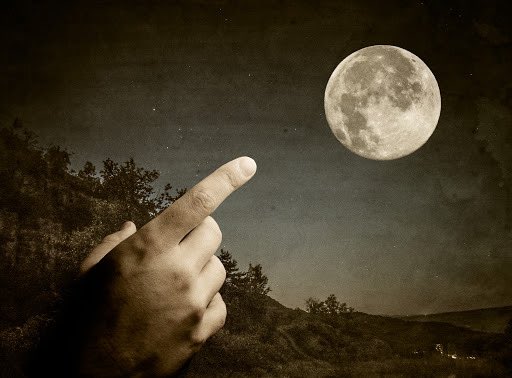 ينظر الى اشير اصبعي والاحمق القمر الى الساق فوق