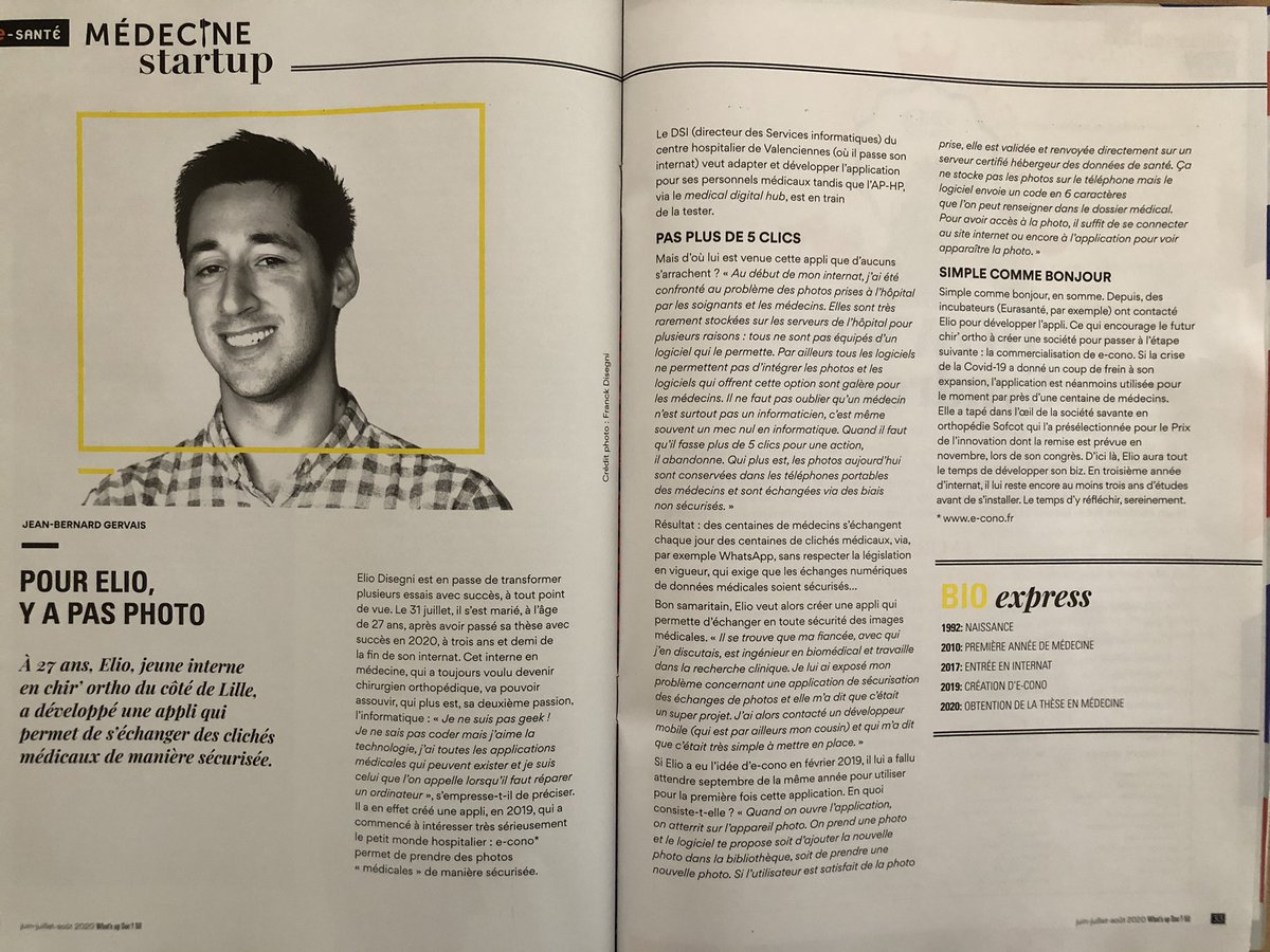 econoFR's tweet photo. On parle d’@econoFR avec notre CEO Elio Disegni dans le dernier numéro de @WhatsUpDoc_mag !

E-cono est la première app française de gestion sécurisée des photos médicales. 

Merci à @jbgerv pour l’article !

 #WUD  #esanté  #healthcare  #startup  #frenchtech https://t.co/Nw4aAW06rs