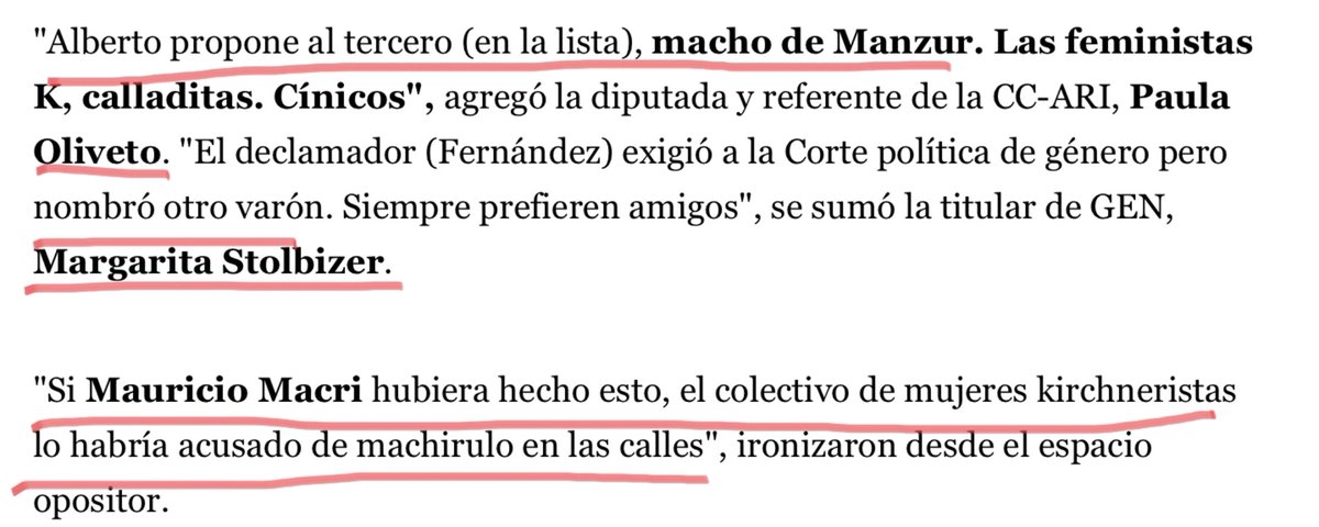 ¿Las diputadas de Cambiemos Lospenatto y Oliveto se olvidaron que Macri no quiso nombrar a la primera de la lista y propuso al tercero que era varón?¿Nos toman por boludos? Lo hizo Macri, el machirulo presidente de ustedes.El cinismo convierte la queja en una impostura.
