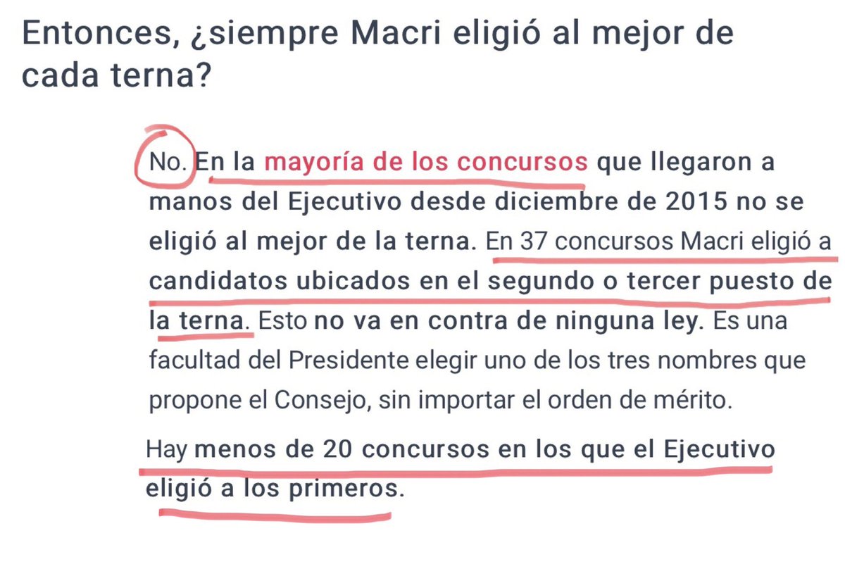 Chequeado nos cuenta que en 20 oportunidades Macri eligió al primero de la terna y en 37 al segundo o tercero. Es cierto que nada lo obliga a elegir al primero. Pero fue él mismo el que dijo que iba a elegir a los mejores.No lo hizo.Los que hoy se quejan son unos farsantes