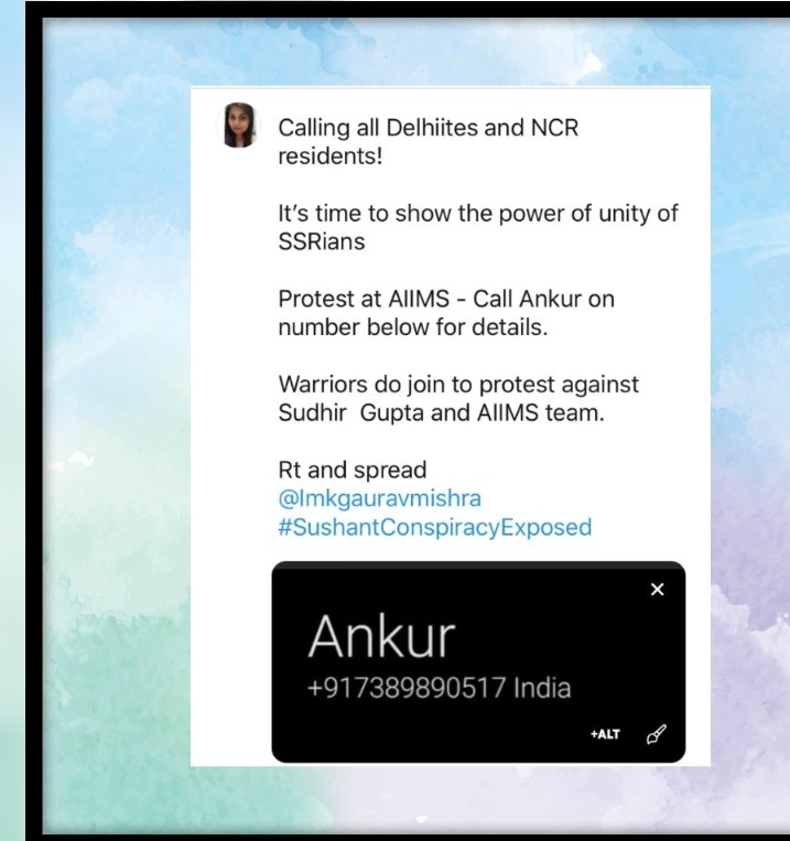 TanyaSh01247996's tweet image. Beautiful chance for Delhi-NCR SSRians!! With complete safety, you can visit outside AIIMS, you just need to contact Ankur on this number given here so that you can join the protest against fake AIIMS report &amp;amp; stupid Sudhir Gupta. #SudhirGuptaSoldOut #SushantAIIMSTape