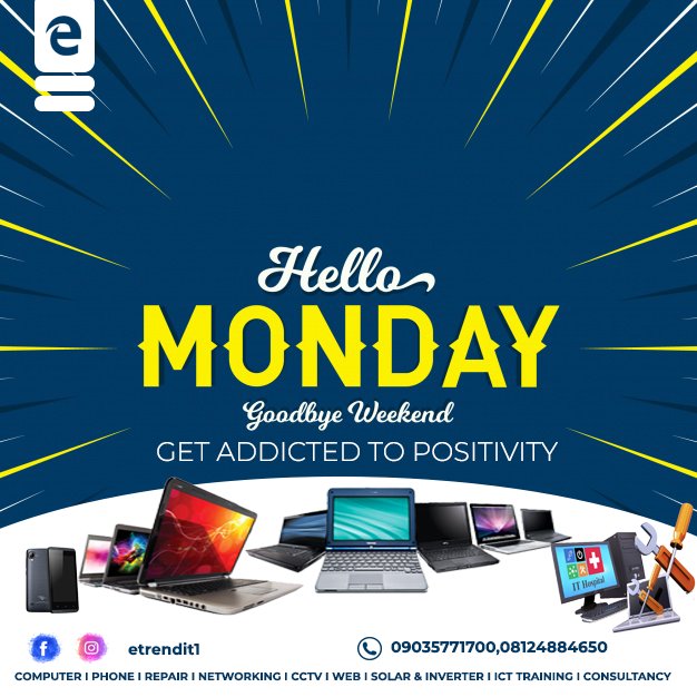 EtrendIt's tweet photo. It's a new week .be DELIBERATE.
wishing you a productive week.
#etrendit #77connect #etrendpcclinic #etrend360repair #naijabrandchick #facebook
#business #laptop #ikeja #iphone #wefixtech #sme #ctf_exhibition #instagram #digitalmarketing #brands #influencer #repairs https://t.co/U9KhjCpT2m
