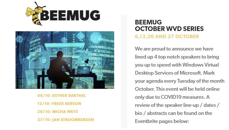 fberson's tweet photo. The BeeMug #WVD October series starts tomorrow! 4 Tuesdays, 4 WVD sessions all starting at 7.30PM CEST. You can still sign up here: https://t.co/VNJIAFQ4TS @beemure @virtuEs_IT @MichaWets @JStroombergen #MVPBuzz https://t.co/MCJu3GueuI