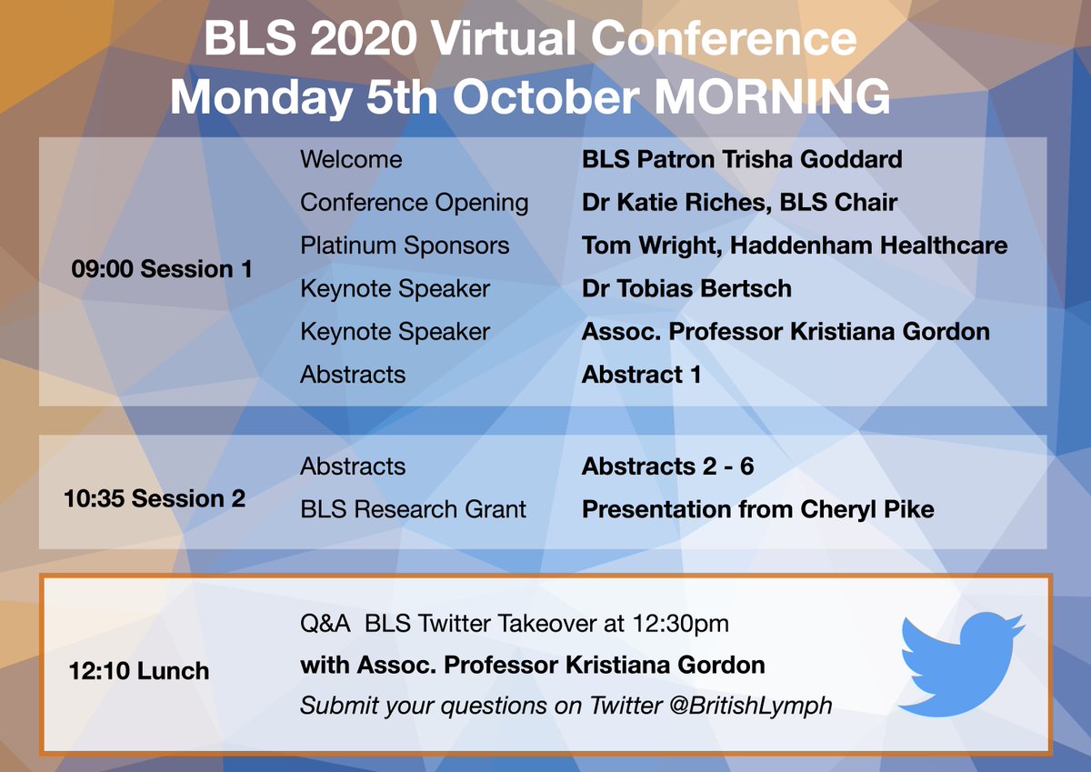 BritishLymph's tweet photo. Good morning! Are you ready for #BLSconf2020? Here's a reminder of this morning's programme. Remember that Prof. Kristiana Gordon is taking over our twitter at 12:30pm so come and #AskKristiana anything! 

There's still time to register: https://t.co/2uttO6DcBs https://t.co/vswIp07MrU