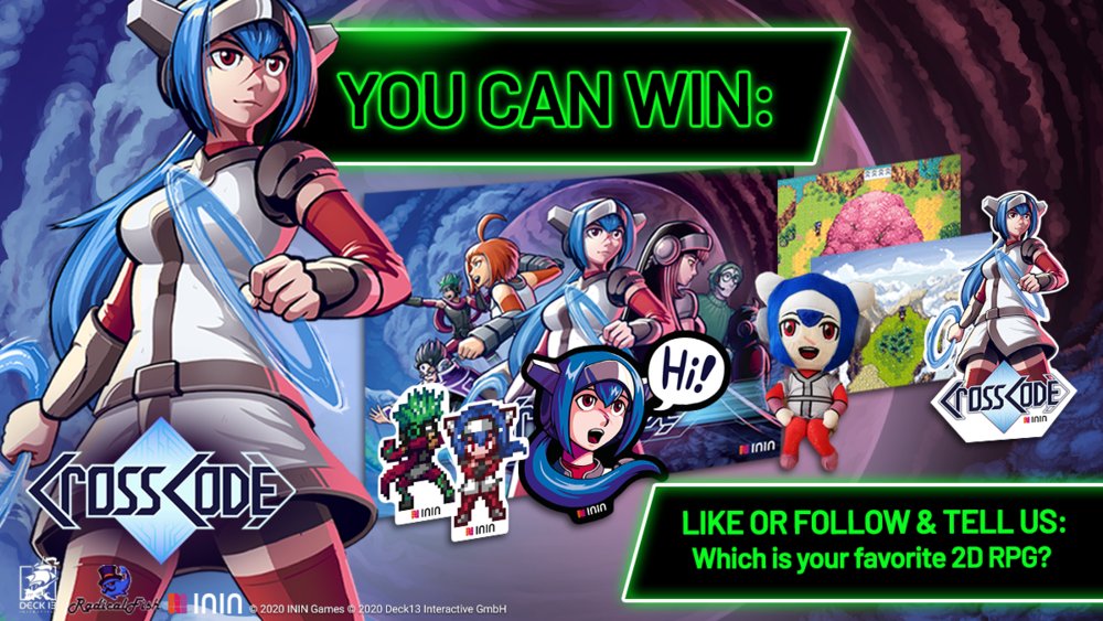 Make sure to check out our #CrossCode sweepstake! ⭐ (Ends OCT 25th, 2020 - MN CEST)

➡️ Please, let us know your fav 2D RPG of all time! 🔥

To participate – ❤️, 🔁 &amp; follow <a href="/ININ_Games/">ININ Games</a> &amp; <a href="/Deck13_de/">Deck13 | Atlas Fallen: Reign of Sand - OUT NOW!</a>!

Terms &amp; conditions ⤵️
inin.games/conditions-of-…