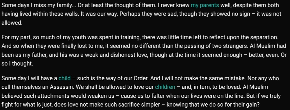 However, page 24 expressly refers to a custom that Assassins have children to pass on their heritage, such that we know that Altaïr having an Assassin mother was probably not exceptional unless they regularly excluded their wives and daughters from the order.