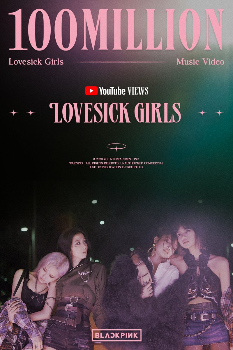 #BLACKPINK 'Lovesick Girls' M/V HITS 100 MILLION VIEWS @Youtube BLINKs worldwide, thank you so much! 'Lovesick Girls' M/V youtu.be/dyRsYk0LyA8 #블랙핑크 #LovesickGirls #MV #100MILLION #YOUTUBE #YG