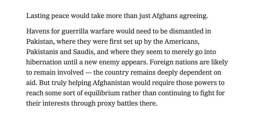 5. Ending the war in Afghanistan requires a deal that address this volatile reality: a rentier state that, its modern history suggests, will remain dependent on foreigners...but now with 4-decade infrastructure of jihadism training generations to fight intrusive foreign powers.