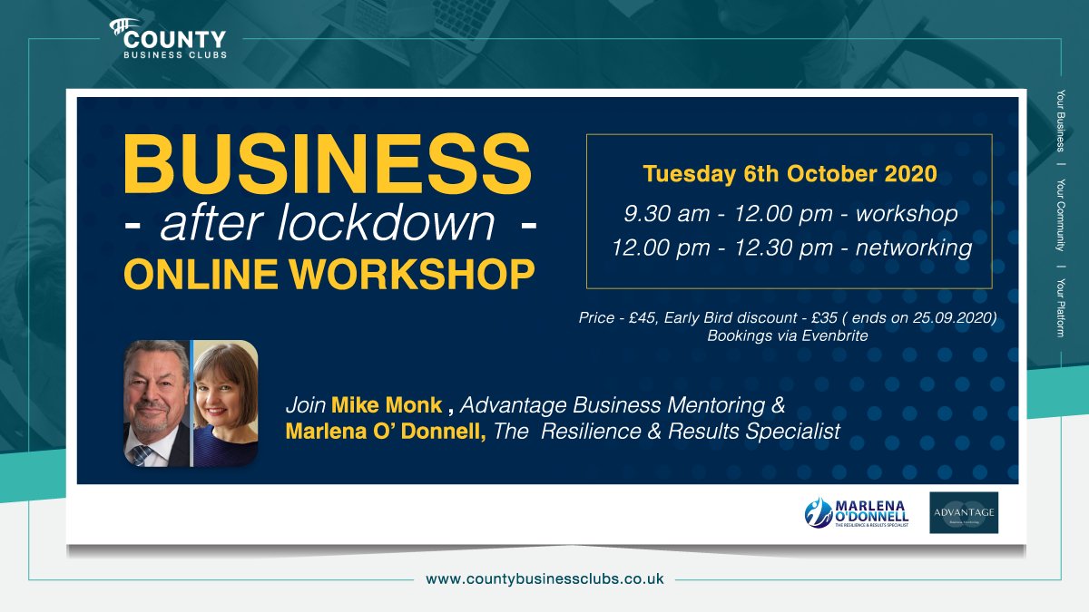 Business After Lockdown online #workshop happening  with Michael Monk and Marlena O'Donnell TOMORROW, 6th October. Don't  miss this engaging online workshop including #networking and register now bit.ly/3n9fVfa
#CountyBusinessClubs #CBCSussex #onlineworkshop