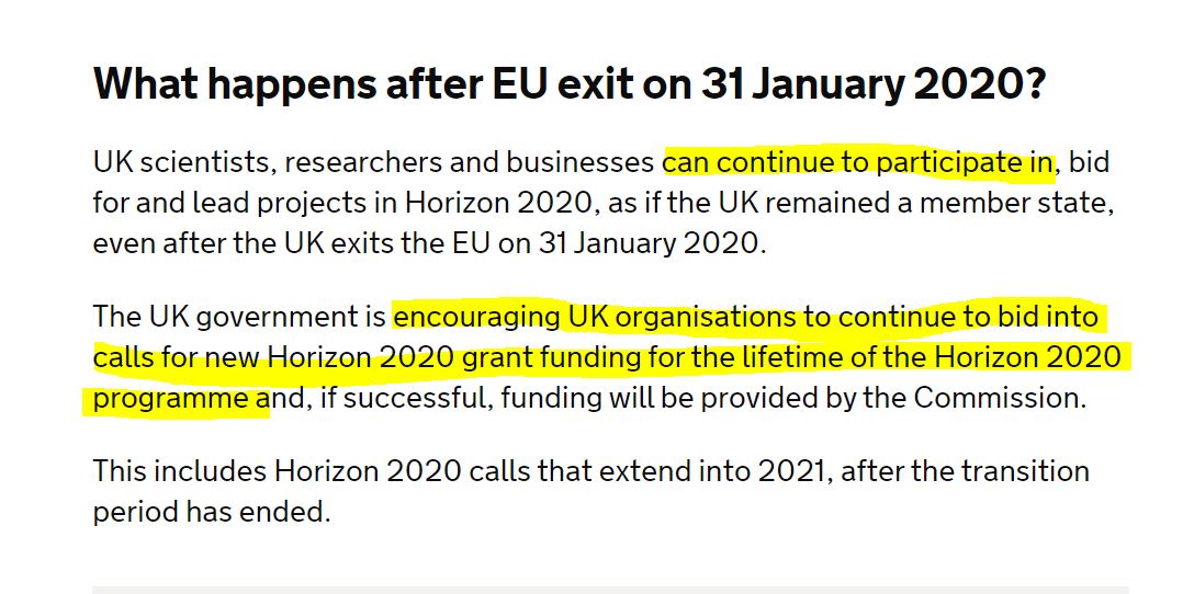 Even tho UK voted to leave in 2016, UK companies have remained eligible for Horizon2020 grants (the flagship €80bn EU research scheme) are remain eligible. The govt also wants UK biz and unis to be able to participate in next prog HorizonEurope /4 https://www.gov.uk/guidance/horizon-2020-what-it-is-and-how-to-apply-for-funding?gclid=CMb-2KjSk-wCFUR0GwodimcMRA#what-happens-after-eu-exit-on-31-january-2020