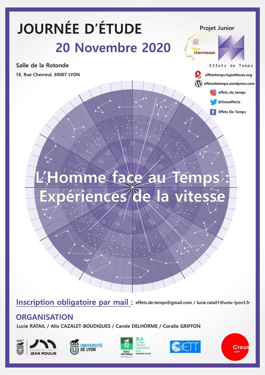 timeeffects's tweet image. Save the date! Notre deuxième journée d’étude, « L’Homme face au Temps », se déroulera le 20 novembre 2020 à la salle de la Rotonde!
Encore un grand merci à nos partenaires @CrousLyon @IETT_ITTS @UJML @UniversiteLyon et l’ED3LA