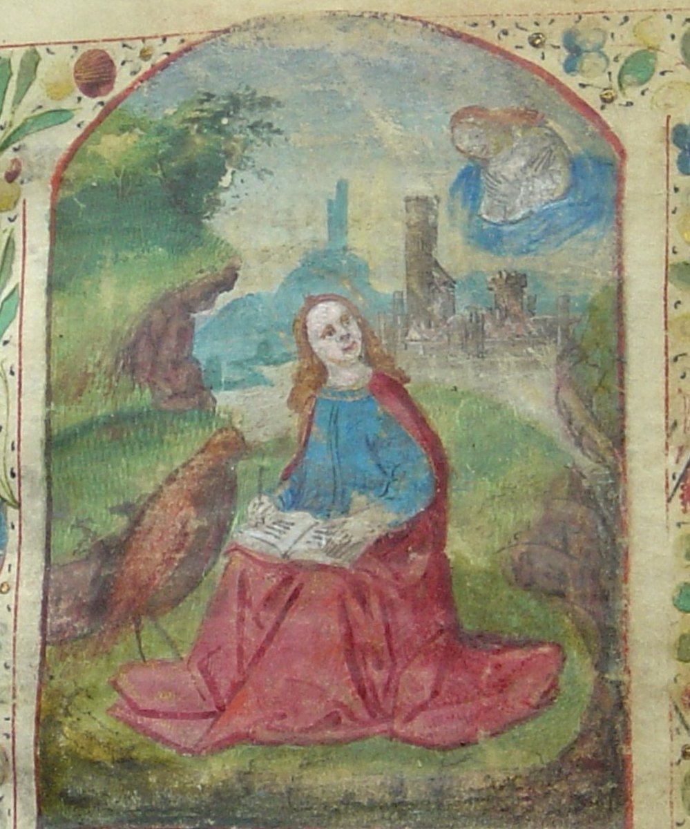 A cheerful Saint John the Evangelist writing his gospel. Jesus looks down from heaven approvingly, whilst an eagle waits nearby. The eagle is a symbol of Saint John. Image dated to c.1400. (WCL Q102)