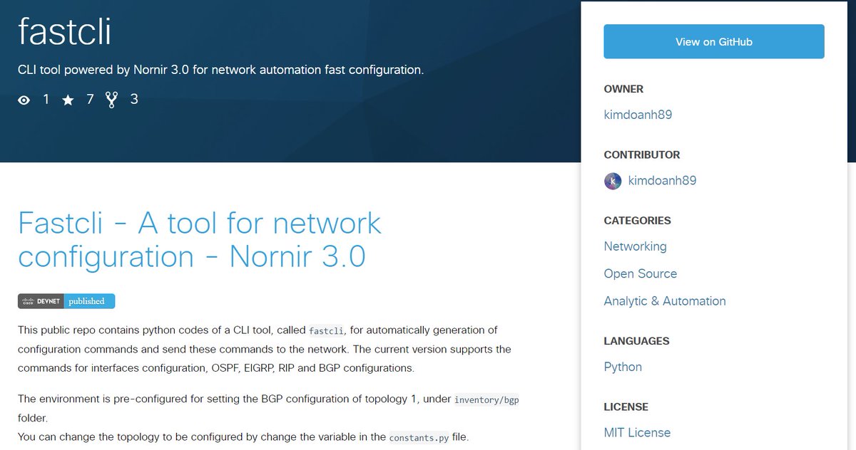 kimdoanh89's tweet image. My small repo #fastcli got published in #DevNet #CodeExchange. 

developer.cisco.com/codeexchange/g…

#nornir