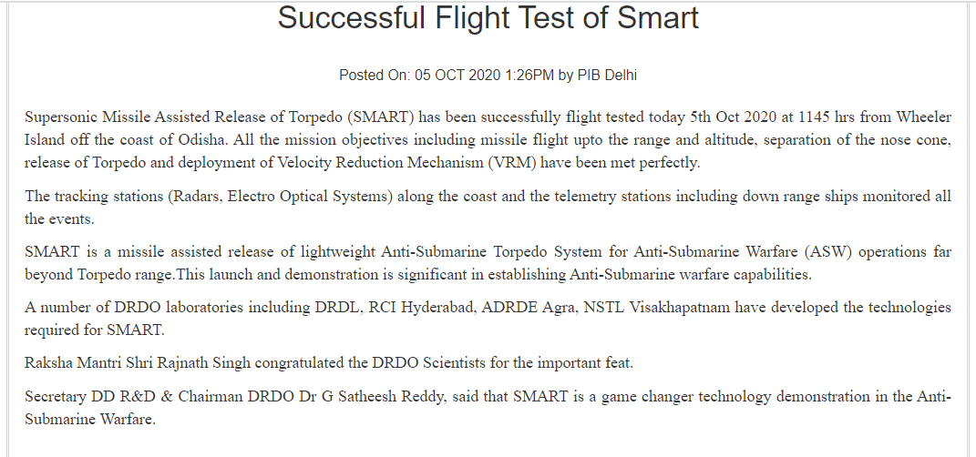 Supersonic Missile Assisted Release of Torpedo (SMART) has successfully flight tested today on 5th October, 2020 at 11:45 hrs from Wheeler island off the coast of Orissa.
<a href="/DRDO_India/">DRDO</a>