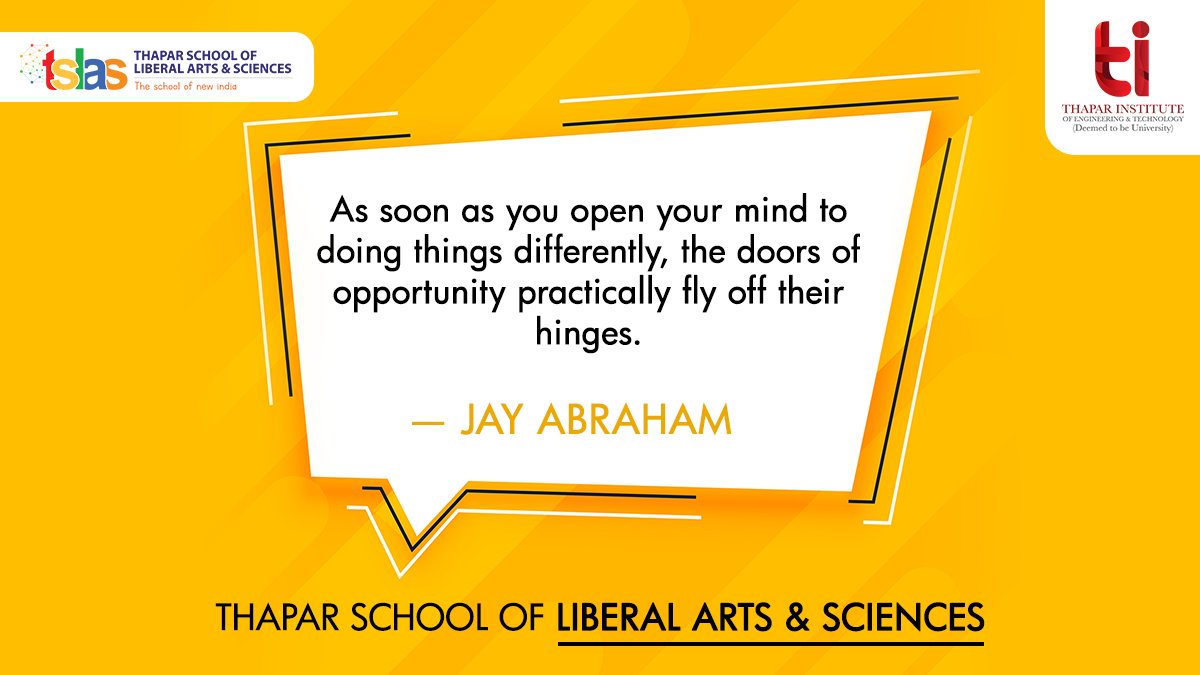 ThaparSLAS's tweet image. Doing things differently doesn’t always mean doing it wrong, distinction is the mother of innovation. Learn to do things in a unique way, only at TSLAS. 

Visit bit.ly/TSLAS2020

#ThaparInstitute #Admission2020 #LearningIn2020 #TSLAS #toprecruiters #AdmissionsOpen2020
