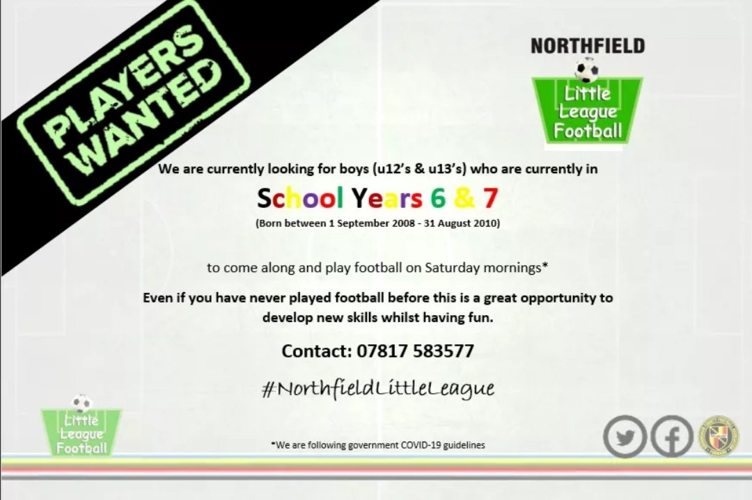 PLAYERS WANTED:

We are looking for new players to join us! 
Do you have a son who wants to play football? Never played before? .. no worries, we welcome players regardless of ability!

#NorthfieldLittleLeague #PlayersWanted