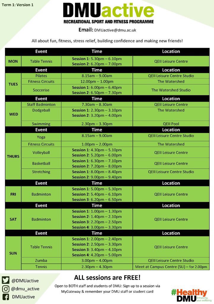 Today is the start of our brand new timetable 🙌

We look forward to welcoming everyone back 🤗

Remember to sign up to a session via MyGateway 👉 bit.ly/3cTZSgC

Take a look at the new current DMUactive timetable below👇 

#HealthyDMU