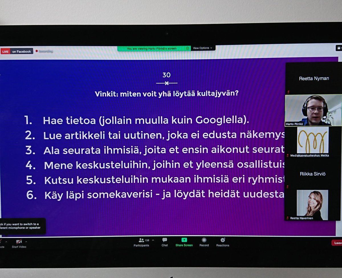 reettatw's tweet photo. Oivallus-seminaarissa tiukkaa asiaa algoritmeistä. Puheenvuorot nähtävissä 15.10. asti. #polarisaatio #vahvistusharha #mediakasvatus @mediametka @hponka https://t.co/0vNYiOGkna