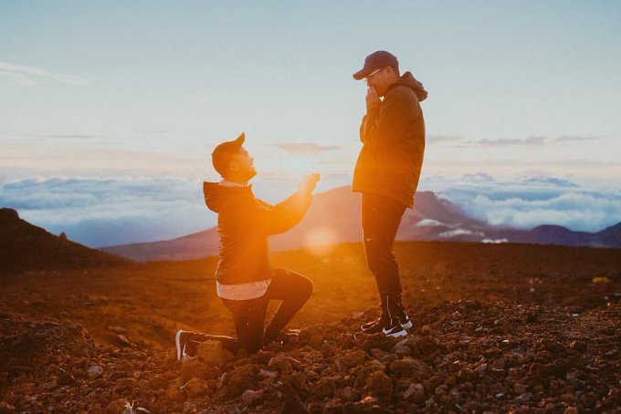 Proposing to my now fiancé on top of Haleakala Crater on Maui at sunrise.