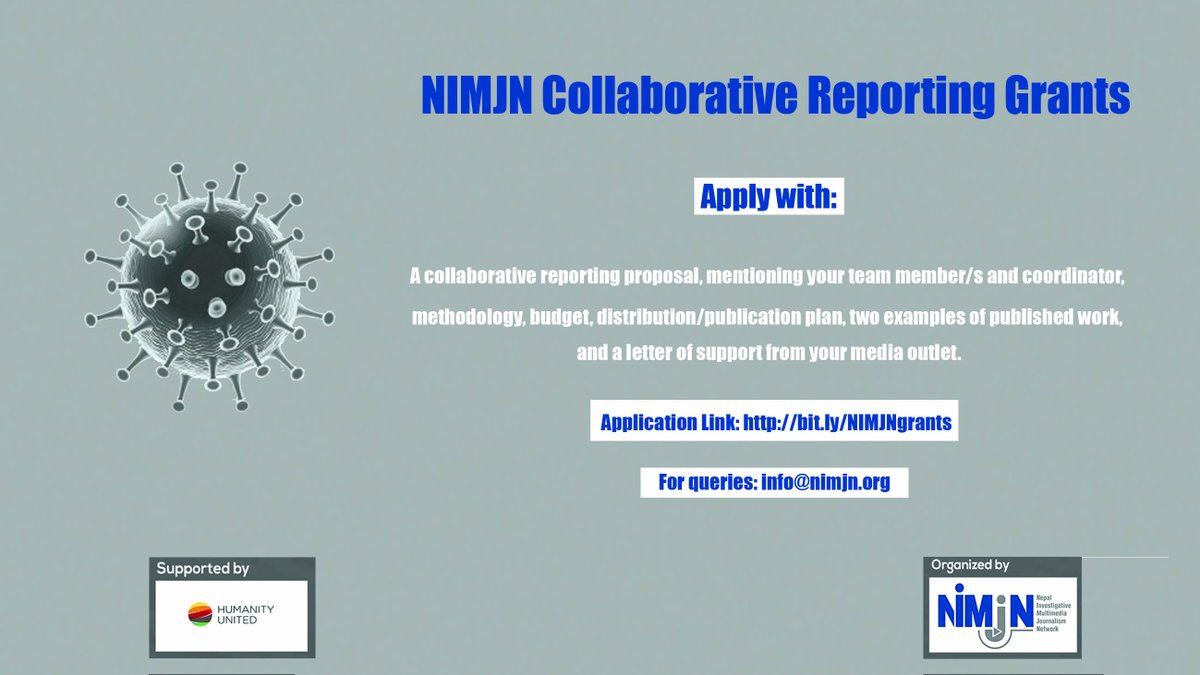 Nepalimjn's tweet photo. NIMJN Collaborative Reporting Grants
We are looking for proposals by a team of two or more Nepali journalists who wish to report on COVID-19 together using the latest tools and techniques.
More: https://t.co/DcXBfg26e5
#Nepal #InvestigativeReporting #CollaborativeReporting https://t.co/IH1DtWyJvM