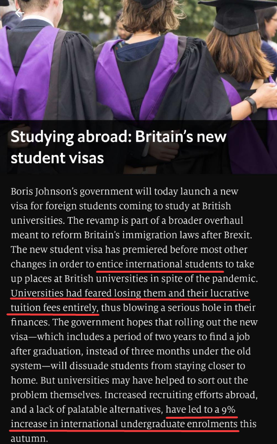 danielwattsuk's tweet photo. Was pleased to see this report from the Economist saying that international enrolment for UK universities is in fact **UP 9%** this Autumn. 

I believe in no small part due to the proactive efforts from universities to counteract the COVID concerns of applicants. Well done UK HE. https://t.co/IUVgGtLR6N