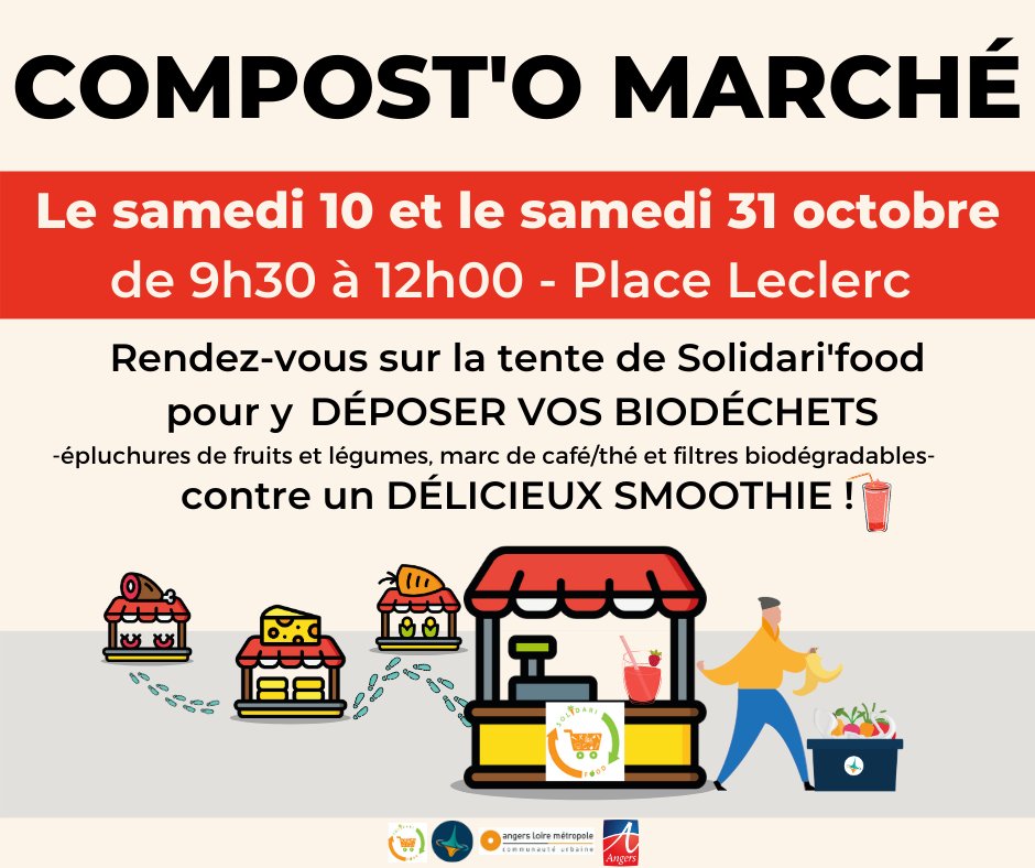La saison des soupes est lancée 🥕! Vous avez des épluchures ? Vous souhaitez savoir COMMENT COMPOSTER à <a href="/Angers/">Ville d'Angers</a> ? RDV samedi 9h30-12h00 Marché Leclerc sur la tente <a href="/solidarifood/">SolidariFood</a> : déposez vos épluchures contre un smoothie anti-gaspi. + Quizz compost + habitants du compost à la🔬