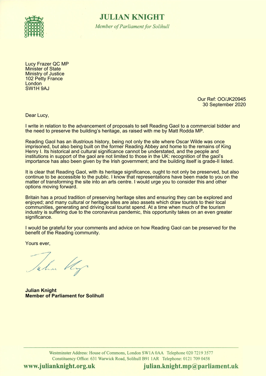 I am grateful to have the support of Culture Select Committee Chair @julianknight15 in our campaign to save Reading Gaol. Read his letter to the minister below. @stephenfry @JANUSZCZAK @BenMacintyre1