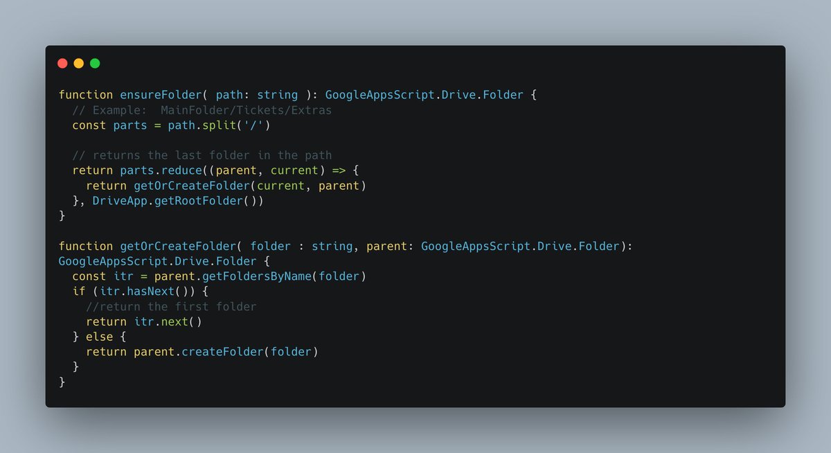 _nikhi1's tweet image. Handy trick to ensure #googledrive subfolder exists before you start working with it. #TypeScript #appscript