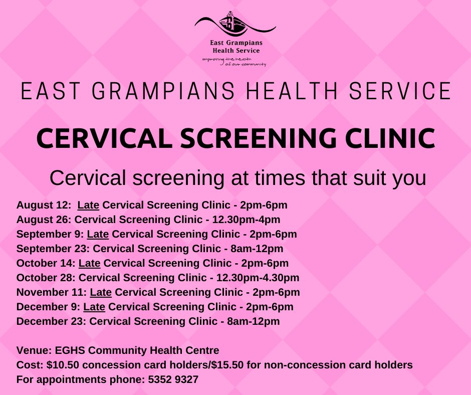 CERVICAL SCREENING CLINICS | Cervical Screening Clinics will be held at the EGHS Community Health Centre over coming months, the next one on October 14.  

If you're due for a pap smear, book your appointment by phoning 5352 9327.
#EGHSCommunityHealthCentre #EGHS