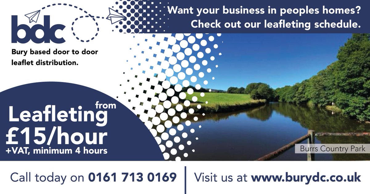 We're out and about in Woodhill, Burrs, today! Thankfully  the weather is holding off for our leafleter, not that a bit of rain would discourage them!

Get in touch today via: 
☎️ Phone- 0161 713 0169
🖥 Online - burydc.co.uk/product/leafle…
📥 By email - bookme@burydc.co.uk