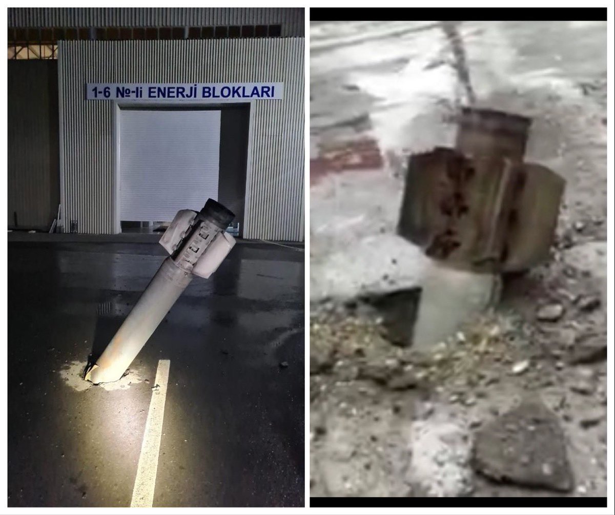 IgorZhdanovRT's tweet photo. Left: a photo from an Azerbaijani President’s assistant posted as proof of an Armenian strike on #Mingachevir

Right: an Azerbaijani rocket in #Stepanakert today.

Question: why do Armenian rockets drill carefully in the ground, while the Azerbaijani ones blow the road to pieces? https://t.co/QY1WLpPKLQ