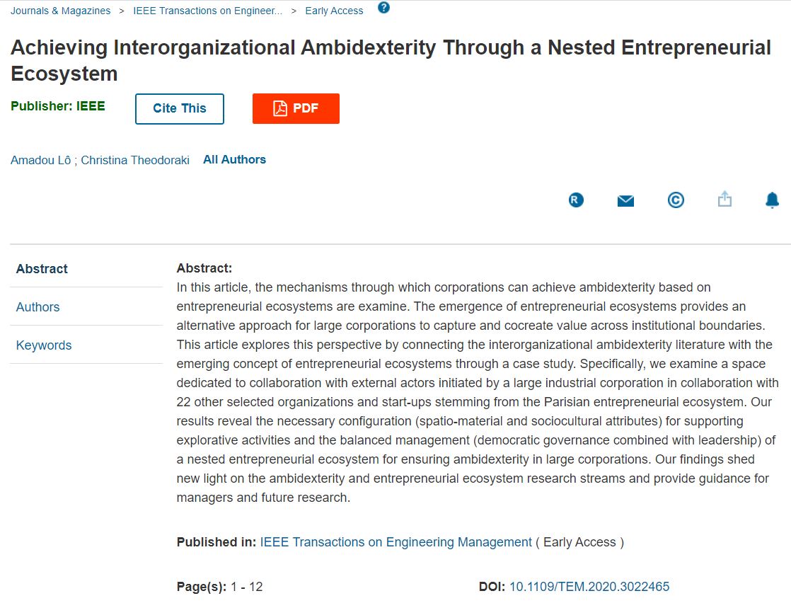 📢 Honored to share our just published paper with <a href="/Papis_Lo/">Amadou Lô</a> at <a href="/IEEETEMS/">IEEE TEMS</a> IEEE Transactions on Engineering Management 
Lô, A; Theodoraki, C. (2020) Achieving Interorganizational Ambidexterity Through a Nested Entrepreneurial Ecosystem 
ieeexplore.ieee.org/document/92060… 
<a href="/tbs_education/">TBS Education</a>