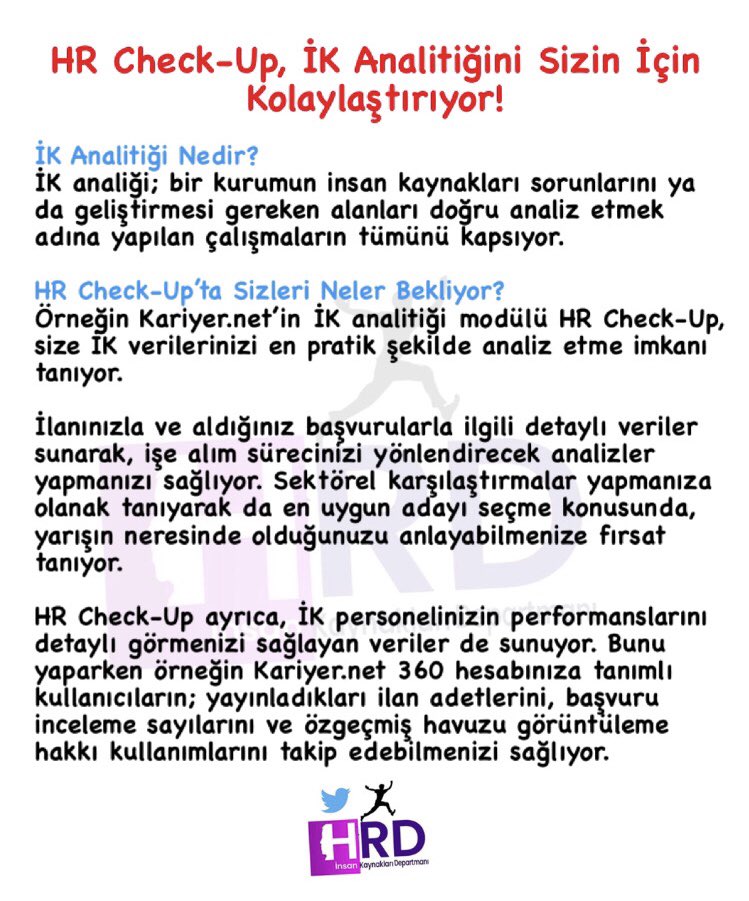 HRDxVoice's tweet photo. HR Check-Up, İK Analitiğini Sizin için Kolaylaştırıyor!
HR Check-Up, size İK verilerinizi en pratik şekilde analiz etme imkanı tanıyor. Detaylar ⬇️
#HrCheckUp #İkAnalitiği #İkAnalizi #analiz #Hr #İk #işealım #adayhavuzu #5ekim @kariyernet https://t.co/MJVlDjRN4Y