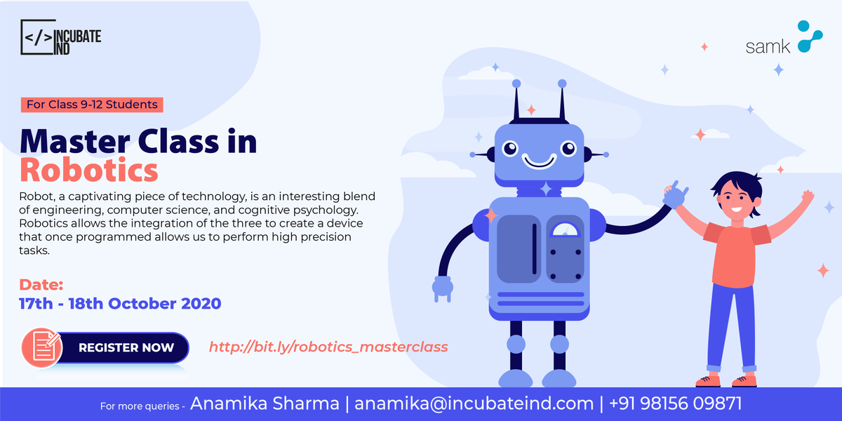 Hello Innovators, 👨🏻‍🎓
We are conducting the first-ever Masterclass in #Robotics 🤖, exclusively curated by <a href="/IncubateIND/">IncubateIND</a> along with SAMK - Satakunta University of Applied Sciences. 

Register yourself here: incubateind.com/bootcamp/samk 
#robotics #RPA