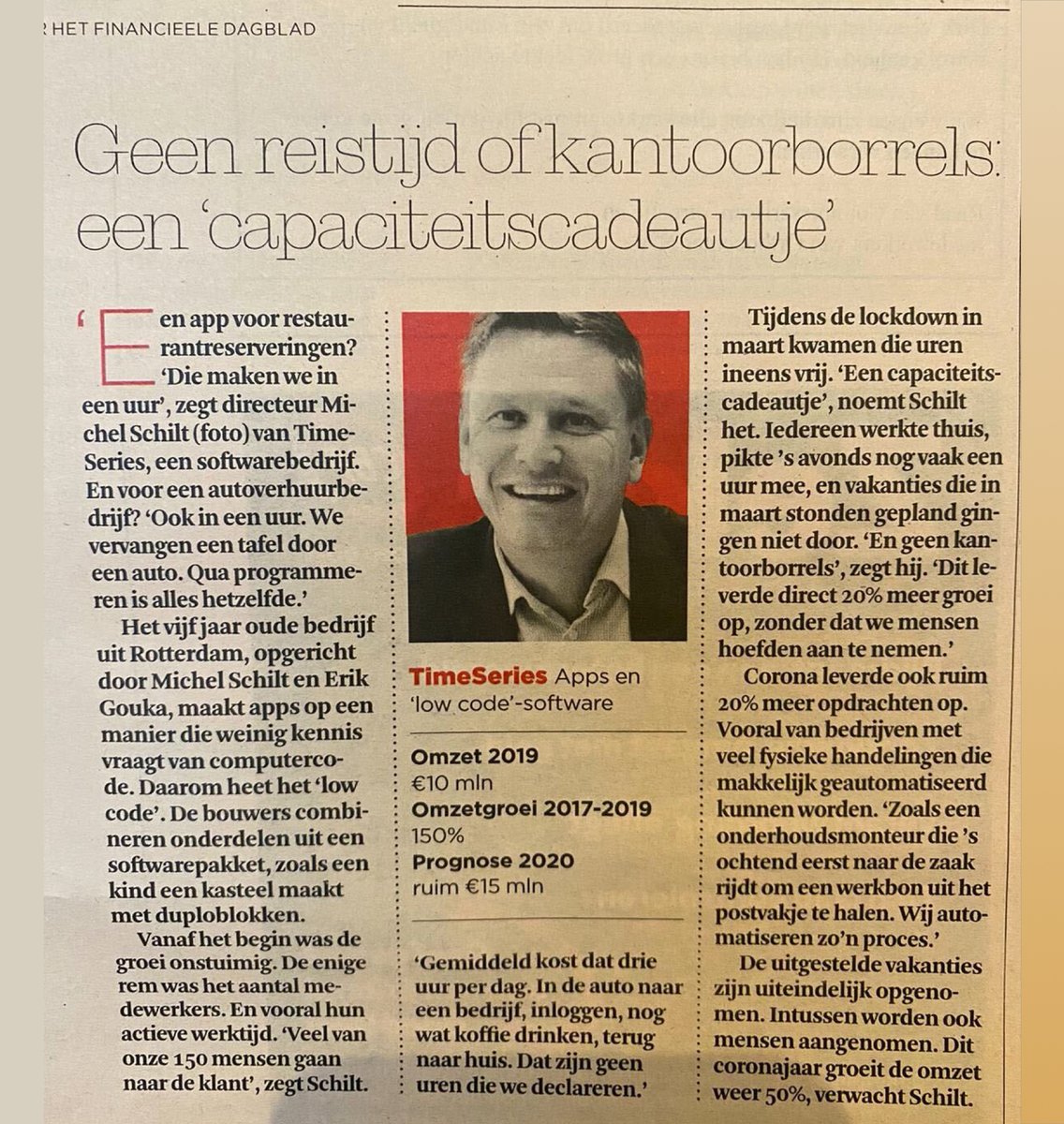 In these unusual times, we can all use some positive news, right? Our COO Michel Schilt was interviewed by <a href="/FD_Nieuws/">FD Nieuws</a> about how TimeSeries is able to maintain its growth, even in the current covid-19 situation. You can read the article below (in Dutch).
#growth #fdgazelle