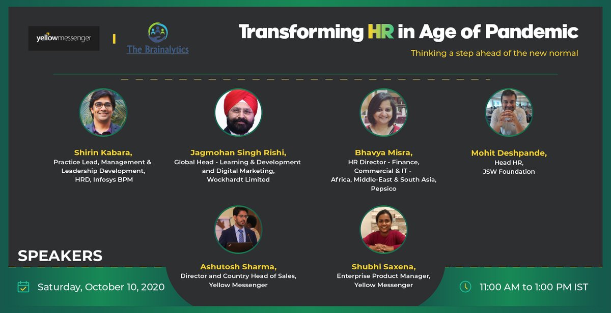 TheBrainalytics's tweet photo. Join us where the Industry stalwarts Bhavya Misra Shirin Kabara Rishi Jagmohan Mohit Deshpande Ashutosh Sharma Shubhi Saxena will be sharing their expert insights on Re– Thinking the HR function in Pandemic. register at below link:
https://t.co/QXzJZKsxRy https://t.co/8vNXDcX2V1
