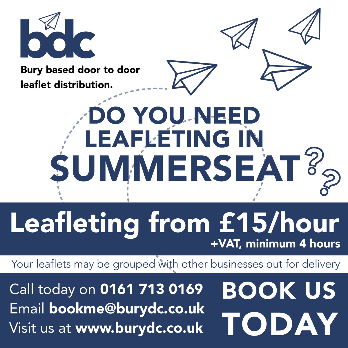 📮 Leafleting from £15/hour +vat (minimum 4 hours)
Do you need #leafleting in #Summerseat ?
☎️ Call today on 0161 713 0169
📥 Email bookme@burydc.co.uk
🖥️ Or visit burydc.co.uk