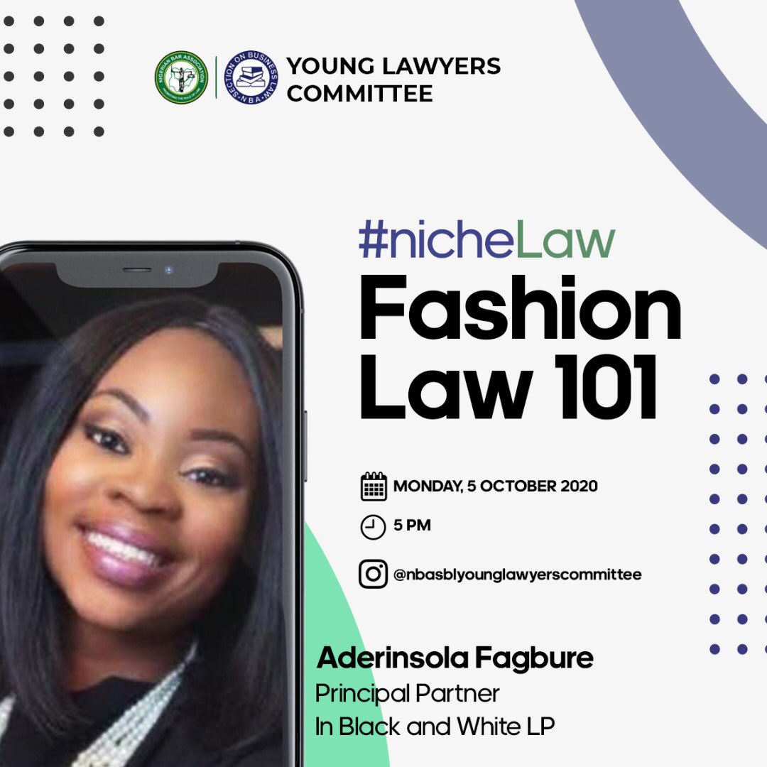 All Mondays in October 

#NewSeriesAlert #nicheLaw

See you at 5pm today with Aderinsola FAGBURE Principal Partner, In Black and White LP as we discuss all things Fashion Law!