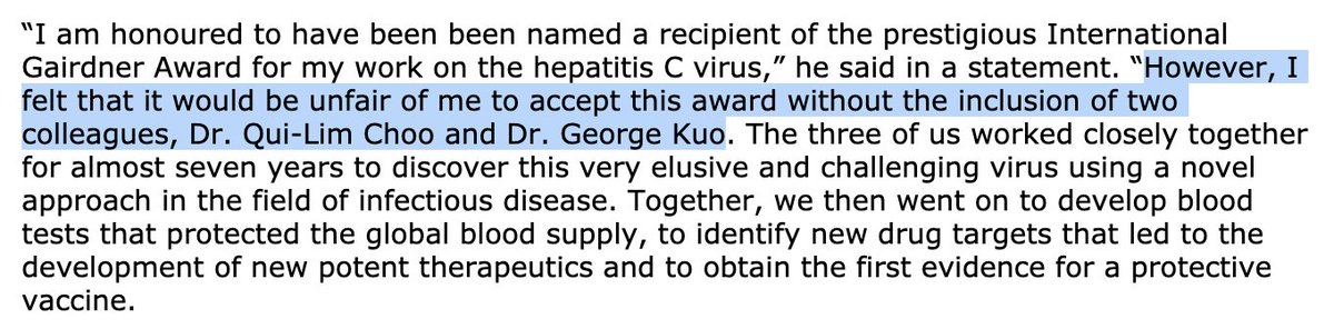 There may be a fascinating controversy in store for the Nobel Prize this year.One of the awardees, Michael Houghton, previously was awarded but declined to accept the Gairdner Prize because it didn't include two researchers who he felt made key contributions to the discovery: