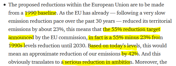 Let's start with FFF authors' core argument that EU is cheating because the 55% are counted from 1990 onwards not from 2018The EU has never claimed otherwise. 1990 has always been the base year for EU headline  #climate targets (as for many others in  #UNFCCC)[3/n]  #EUClimateLaw