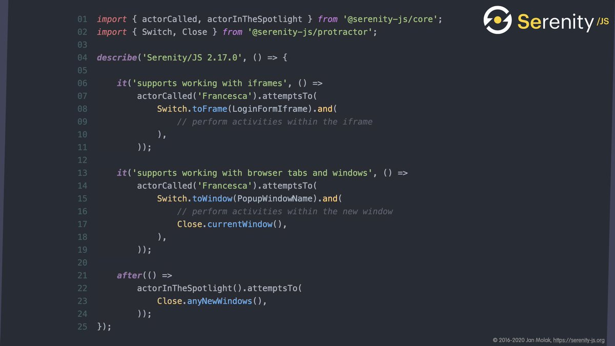 JanMolak's tweet image. 🎉 Serenity/JS 2.17.0 has arrived with support for switching between frames and windows and over two dozen new examples of using Web-based interactions! Check out API docs at serenity-js.org/modules/protra…

Enjoy Serenity!

#SerenityJS #ScreenplayPattern #BDD #TDD #automationtesting