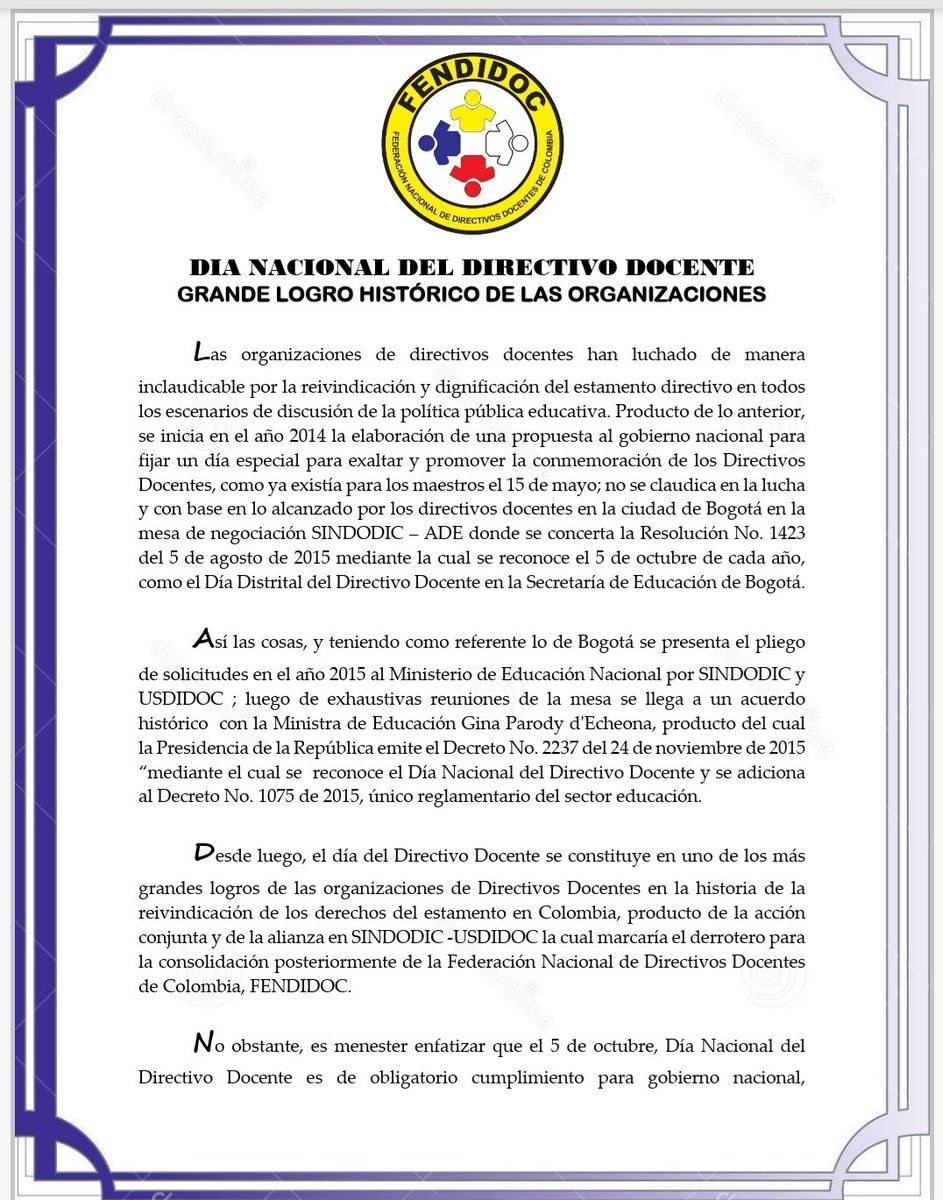 PFendidoc's tweet photo. Hoy 5 de octubre día Nacional del Directivo Docente reconocimiento y exaltación al estamento en todo el país, fruto del trabajo inclaudicable de las organizaciones en la lucha por la dignificación
! Feliz día Nacional del Directivo Docente ! @cutcolombia @UNESCO_es @Mineducacion https://t.co/wOFUNdOiAG