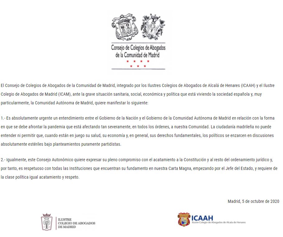 icam_es's tweet photo. 🛑 #ÚltimaHora 🛑 #NoticiaICAM 🛑
Comunicado del Consejo de Colegios de Abogados de la @ComunidadMadrid ▶️ https://t.co/NbBz4qoNkY https://t.co/nBhNEISJ9L