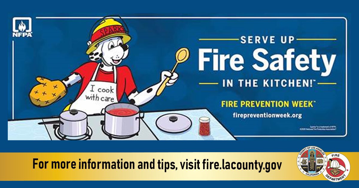 LACOFD's tweet image. Every year in October, we recognize Fire Prevention Week (Oct. 4-10, 2020) &amp;amp; acknowledge it all month-long. 

Make sure you have functioning smoke alarms, an extinguisher &amp;amp; never leave the kitchen when you are cooking. Unattended cooking is the #1 cause of fires in the kitchen.