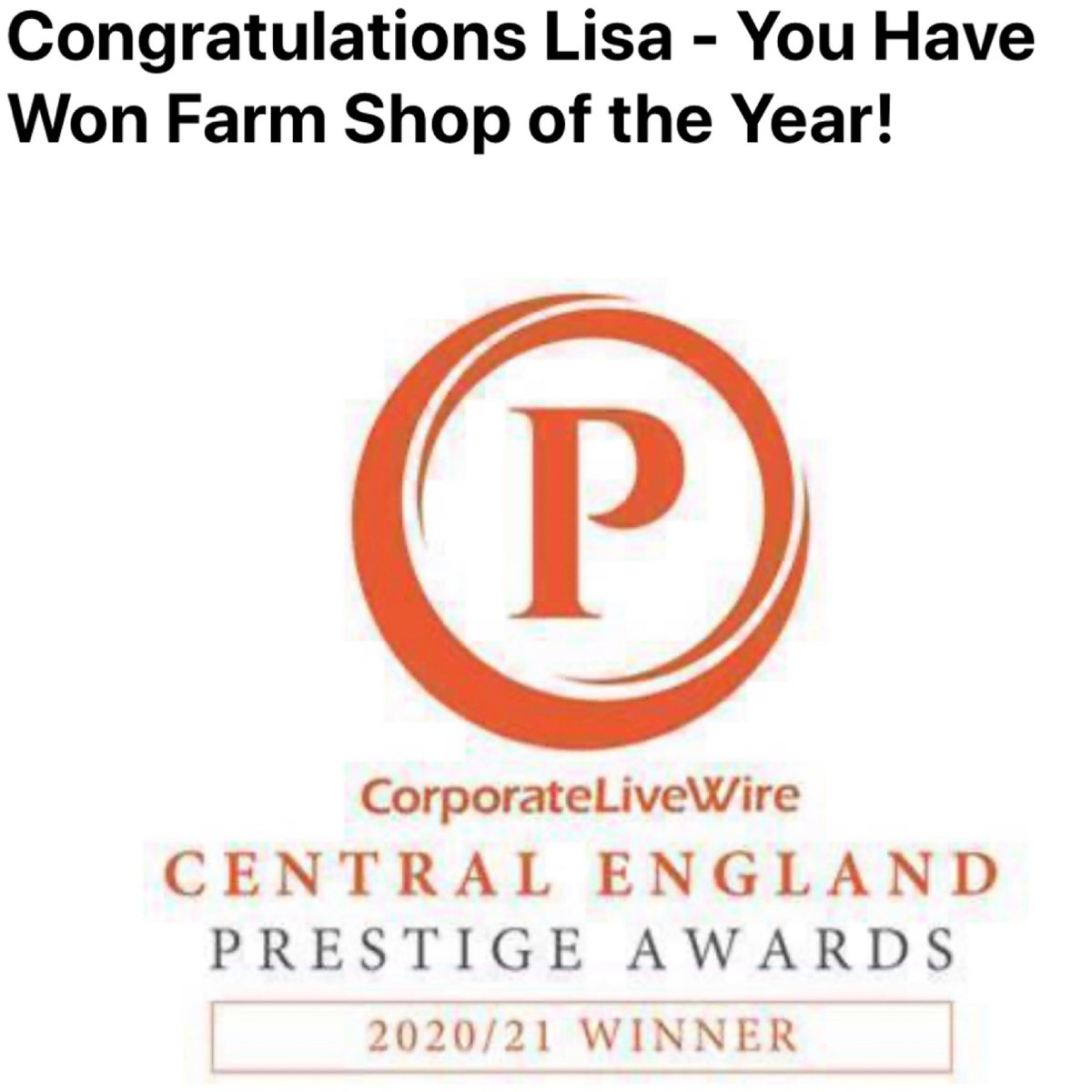 🤩 WOW WOW WOW 🤩 

We have just been awarded the Winner of the Central England Prestige Awards 2020/21  - Farm Shop Of The Year. ❤️

Thank you so much, we are all speechless. 🥇

#farmshop #FamilyBusiness #lichfield #tamworth #staffordshire #PrestigeAwards #winner #LiveWire