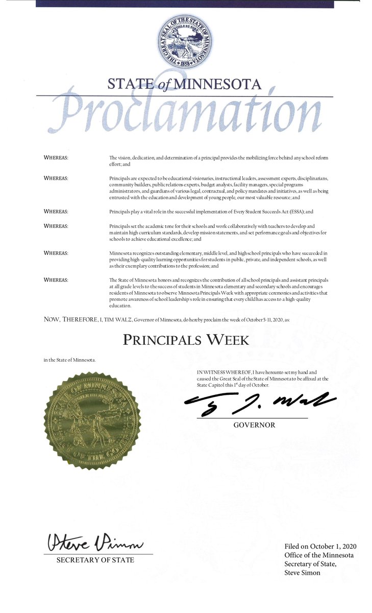 MESPA Principals (@mespaprincipals) on Twitter photo Happy Principals Week 2020!! Principals are our heroes, and while you deserve to be celebrated everyday we're glad to announce this official week in your honor--thank you for the proclamation <a href="/GovTimWalz/">Governor Tim Walz</a>! #principalsweek #mespamn Happy Principals Week 2020!! Principals are our heroes, and while you deserve to be celebrated everyday we're glad to announce this official week in your honor--thank you for the proclamation <a href="/GovTimWalz/">Governor Tim Walz</a>! #principalsweek #mespamn