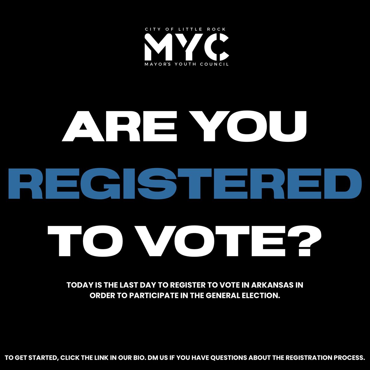 littlerockmyc's tweet photo. Don't forget that today (October 5th) is the LAST day to register to vote in Arkansas in order to participate in the general election! ✅ Can we count on you to make sure 3 of your friends are registered too? Click the link in our bio to get started!
#arkansasvotes #lrvotes2020 https://t.co/oa7d0LRn8O