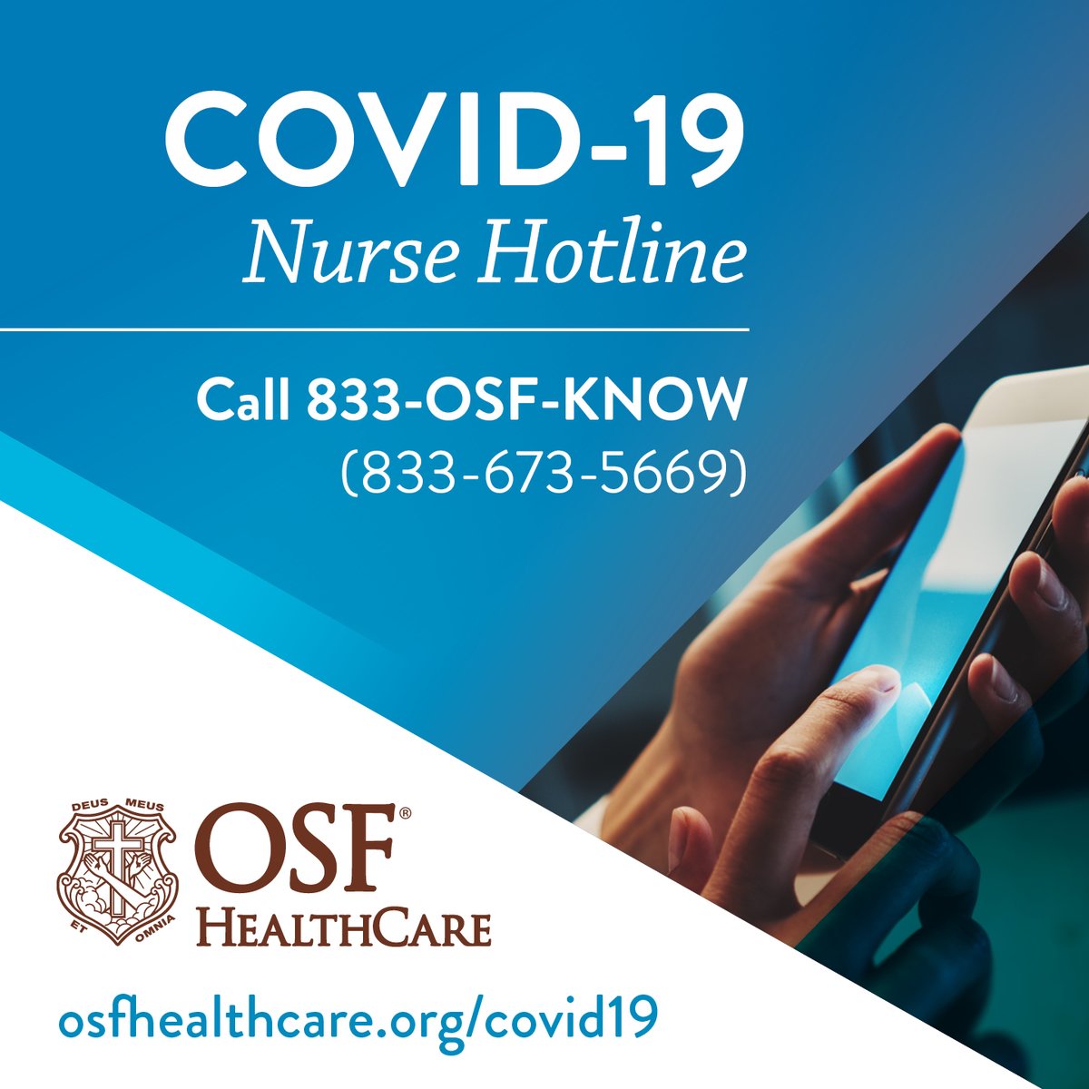 OSFHealthCare's tweet image. There's a lot of information out there. Get answers from the people who know. Our COVID-19 Nurse Hotline is staffed by medical professionals ready to take your call. Visit us online at osf.care/5DI350BIieY to learn more.