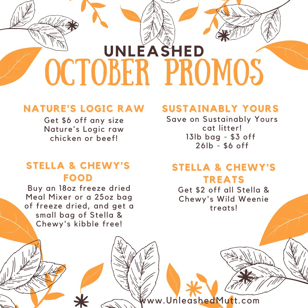 Unleashed_SH's tweet image. This October at @Unleashed_SH  we’ve got deals from @stellaandchewys, Sustainably Yours Litter, and @natureslogic! 😺💖🐶
#shoplocalraleigh #showsomelocallove
 #nc #northcarolina #petsofthetriangle  #UnleashedNC #unleashedthedogandcatstore #unleashedstonehenge