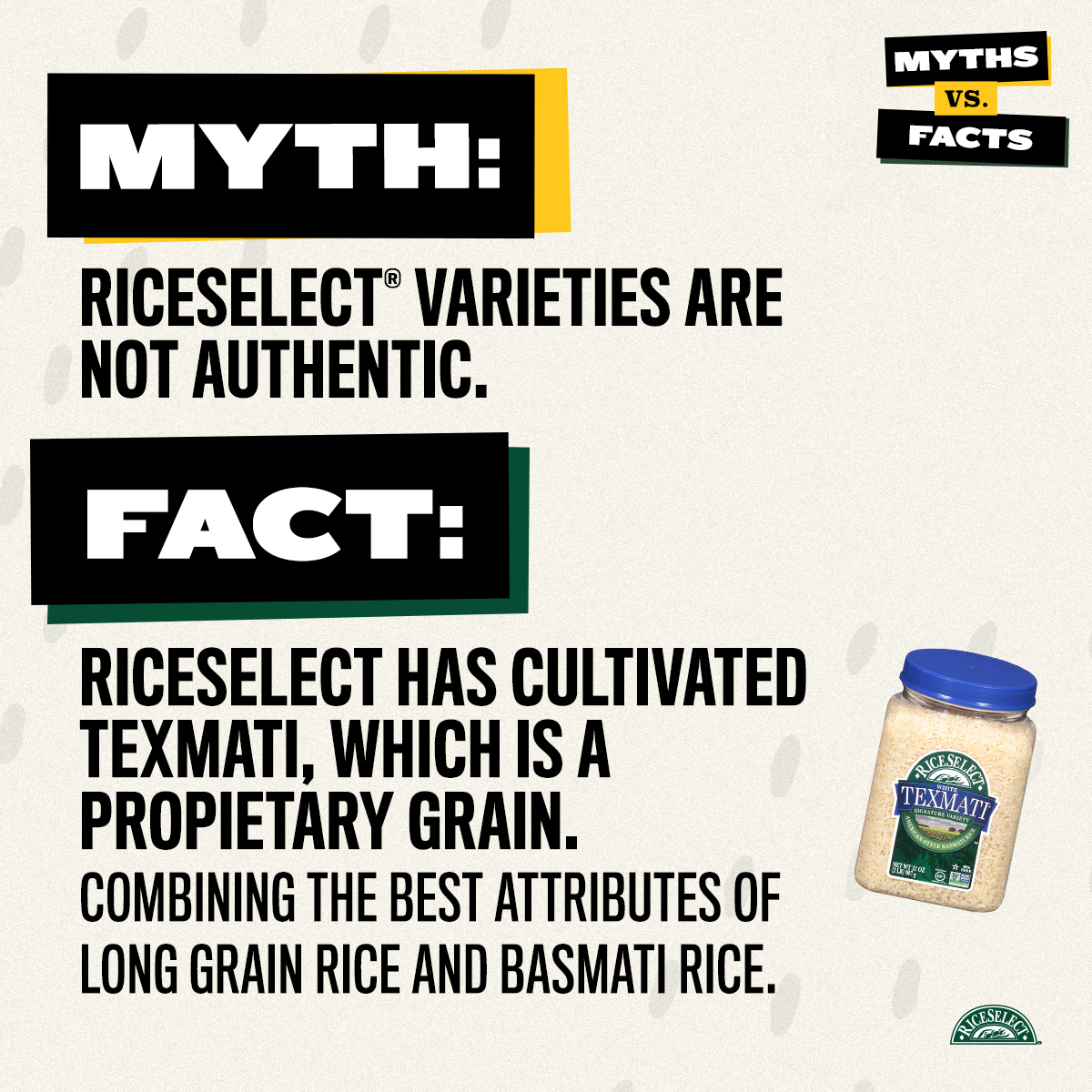 RiceSelect's tweet image. Ever wonder if the ingredients you know and love are really authentic? Tune into my Myths Vs. Facts series, where I debunk common myths and demystify the world’s most-loved grain.
.
.
.
#RiceSelect #SpontaneousBrilliance #foodfacts